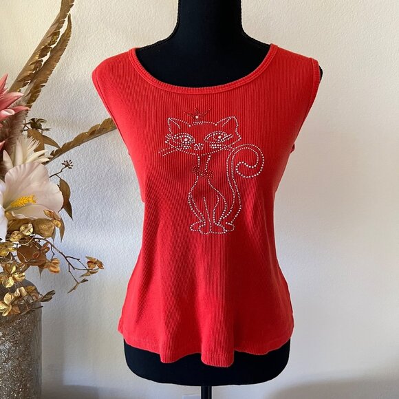 Tops - SOLD Y2K Burnt Orange Kitten Rhinestone Cotton Tank Top Size Medium